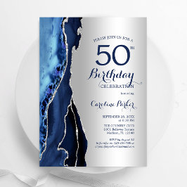 Silver Navy Blue Agate 50. Geburtstag Einladung