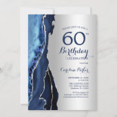 Silver Navy Blue Agate 60. Geburtstag Einladung (Vorderseite)