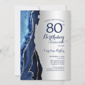 Silver Navy Blue Agate 80. Geburtstag Einladung (Vorderseite)