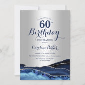Silver Navy Blue Agate Marble 60. Geburtstag Einladung (Vorderseite)
