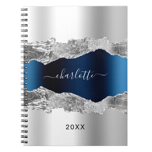 Silver navy blue agate Marmornacht Drehbuch elegan Notizblock (Vorderseite)