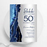 Silver Navy Blue Agate Überraschung 50. Geburtstag Einladung<br><div class="desc">Navy Blau und Silber-Agate überrascht 50. Geburtstag-Party Einladung. Elegantes modernes Design mit königsblauen Aquarellfarben,  marmorgeode Hintergrund,  Imitate Glitzer Silber und Typografie Drehbuch Schriftart. Die trendige Einladungskarte eignet sich perfekt für eine stilvolle Damenfeier. Gedruckte Zazzle Einladungen oder Sofortdownload digitalen druckbaren Vorlage.</div>