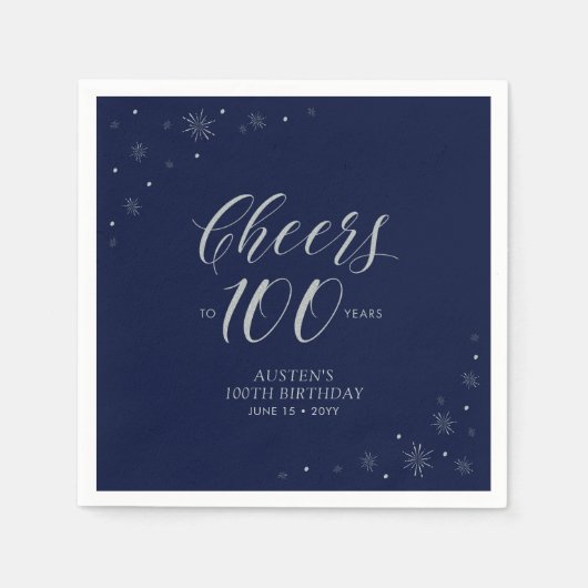 Silver & Navy Blue Cheers 100. Geburtstagsparty Serviette (Vorderseite)