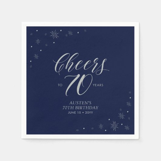 Silver & Navy Blue Cheers 70. Geburtstagsparty Serviette (Vorderseite)