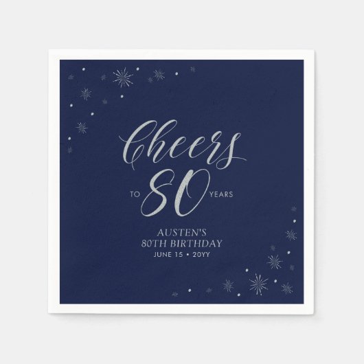 Silver & Navy Blue Cheers 80. Geburtstagsparty Serviette (Vorderseite)