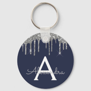 Silver Navy Blue Girl Funkelnd Glitzer Monogram Schlüsselanhänger