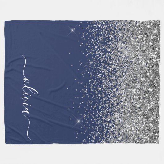 Silver Navy Blue Girl Glitzer Sparkle Monogram Fleecedecke (Vorderseite (Horizontal))