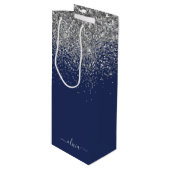 Silver Navy Blue Girl Glitzer Sparkle Monogram Geschenktüte Für Weinflaschen (Vorderseite Schrägansicht)