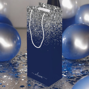 Silver Navy Blue Girl Glitzer Sparkle Monogram Geschenktüte Für Weinflaschen