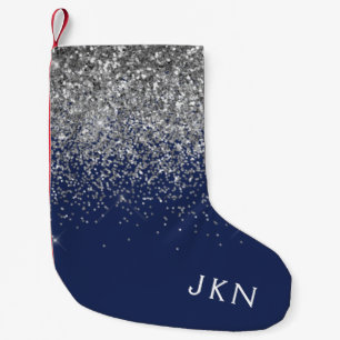 Silver Navy Blue Girl Glitzer Sparkle Monogram Kleiner Weihnachtsstrumpf