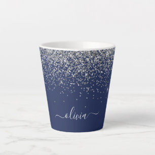 Silver Navy Blue Girl Glitzer Sparkle Monogram Milchtasse