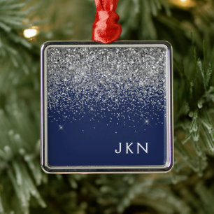 Silver Navy Blue Girl Glitzer Sparkle Monogram Ornament Aus Metall