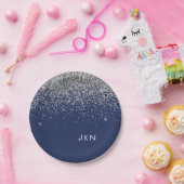 Silver Navy Blue Girl Glitzer Sparkle Monogram Pappteller (Party)