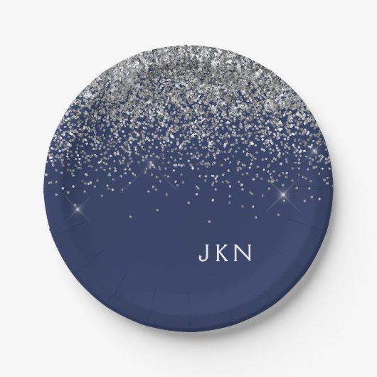 Silver Navy Blue Girl Glitzer Sparkle Monogram Pappteller (Vorderseite)