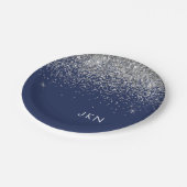 Silver Navy Blue Girl Glitzer Sparkle Monogram Pappteller (Schrägansicht)