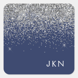 Silver Navy Blue Girl Glitzer Sparkle Monogram Quadratischer Aufkleber