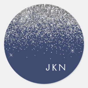 Silver Navy Blue Girl Glitzer Sparkle Monogram Runder Aufkleber