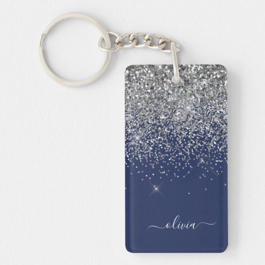 Silver Navy Blue Girl Glitzer Sparkle Monogram Schlüsselanhänger (Vorderseite)