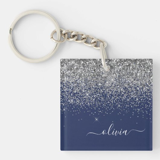 Silver Navy Blue Girl Glitzer Sparkle Monogram Schlüsselanhänger (Vorderseite)