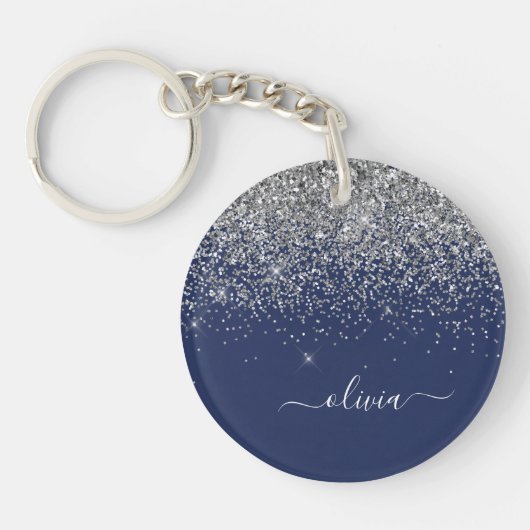 Silver Navy Blue Girl Glitzer Sparkle Monogram Schlüsselanhänger (Vorderseite)
