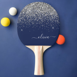 Silver Navy Blue Girl Glitzer Sparkle Monogram Tischtennis Schläger