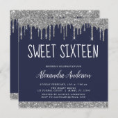 Silver Navy Blue Glitzer 16 . Geburtstag Geburtsta Einladung (Vorne/Hinten)