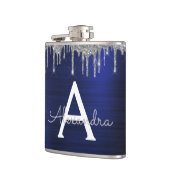 Silver Navy Blue Glitzer Brushed Metal Monogram Flachmann (Links)