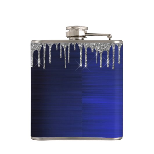 Silver Navy Blue Glitzer Brushed Metal Monogram Flachmann (Rückseite)