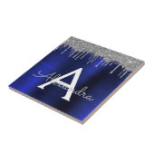 Silver Navy Blue Glitzer Brushed Metal Monogram Fliese (Seite)