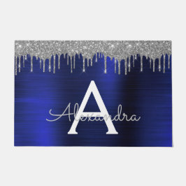 Silver Navy Blue Glitzer Brushed Metal Monogram Fußmatte