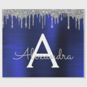 Silver Navy Blue Glitzer Brushed Metal Monogram Geschenkpapier (Flach)