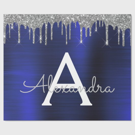 Silver Navy Blue Glitzer Brushed Metal Monogram Geschenkpapier (Flach)