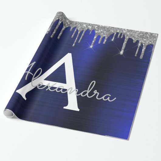 Silver Navy Blue Glitzer Brushed Metal Monogram Geschenkpapier (Ungerollt)