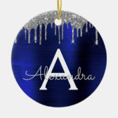 Silver Navy Blue Glitzer Brushed Metal Monogram Keramik Ornament (Vorne)