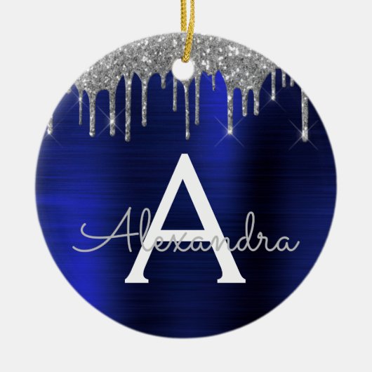 Silver Navy Blue Glitzer Brushed Metal Monogram Keramik Ornament (Vorne)