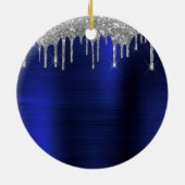 Silver Navy Blue Glitzer Brushed Metal Monogram Keramik Ornament (Hinten)