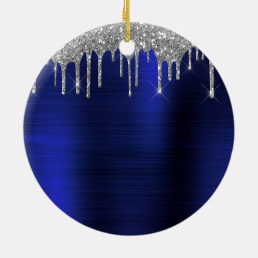 Silver Navy Blue Glitzer Brushed Metal Monogram Keramik Ornament (Hinten)