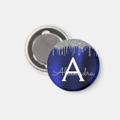 Silver Navy Blue Glitzer Brushed Metal Monogram Magnet (Vorderseite/Rückseite)
