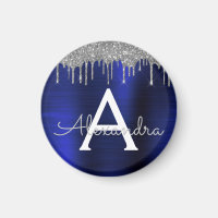 Silver Navy Blue Glitzer Brushed Metal Monogram