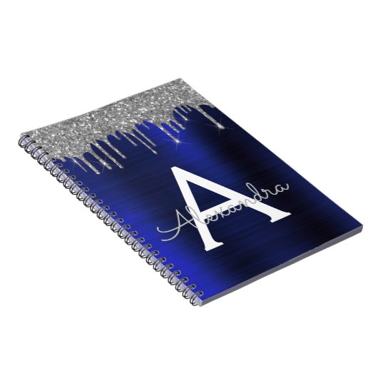 Silver Navy Blue Glitzer Brushed Metal Monogram Notizblock (Rechte Seite)