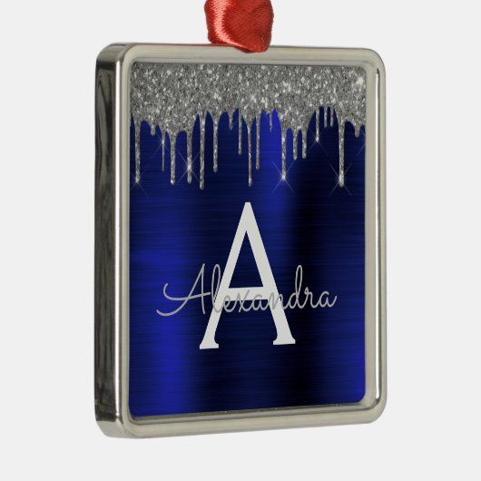 Silver Navy Blue Glitzer Brushed Metal Monogram Ornament Aus Metall (Rechts)