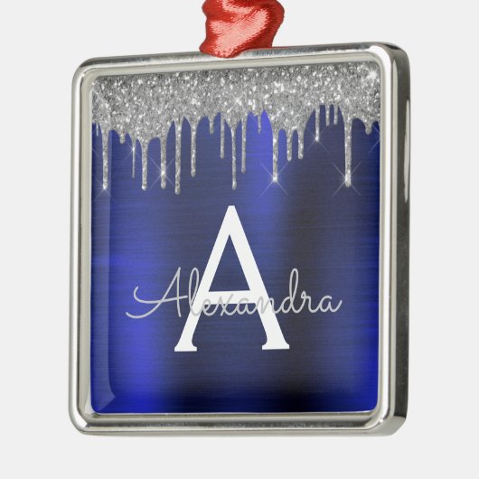 Silver Navy Blue Glitzer Brushed Metal Monogram Ornament Aus Metall (Links)