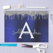 Silver Navy Blue Glitzer Brushed Metal Monogram Seidenpapier (Handwerk)