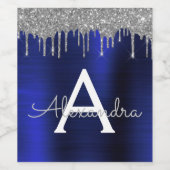 Silver Navy Blue Glitzer Brushed Metal Monogram Weinetikett (Einzelnes Label)