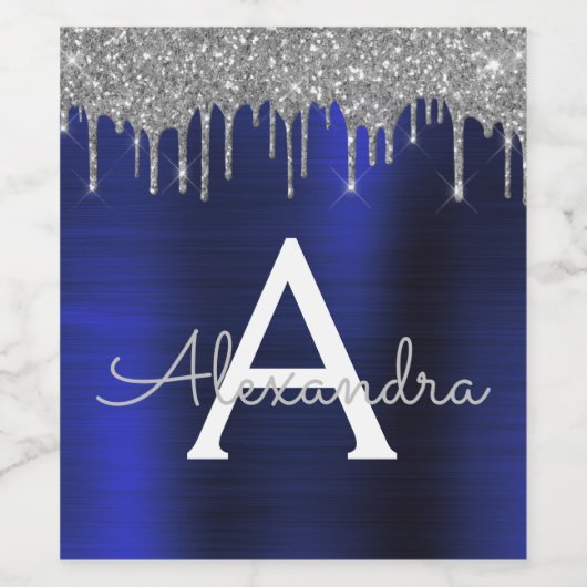 Silver Navy Blue Glitzer Brushed Metal Monogram Weinetikett (Einzelnes Label)
