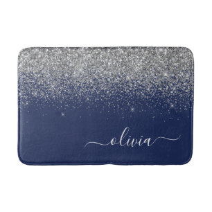 Silver Navy Blue Glitzer Giron Monogram Name Badematte
