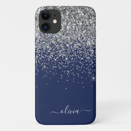 Silver Navy Blue Glitzer Giron Monogram Name Case-Mate iPhone Hülle (Rückseite)