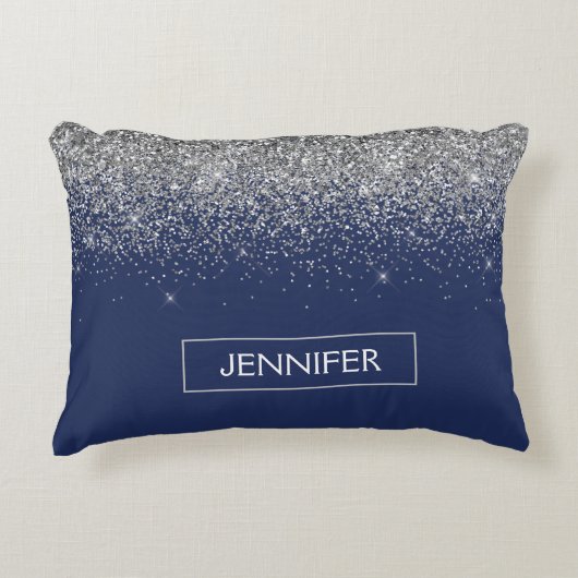 Silver Navy Blue Glitzer Giron Monogram Name Dekokissen (Vorderseite)