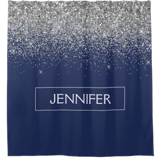 Silver Navy Blue Glitzer Giron Monogram Name Duschvorhang (Vorderseite)