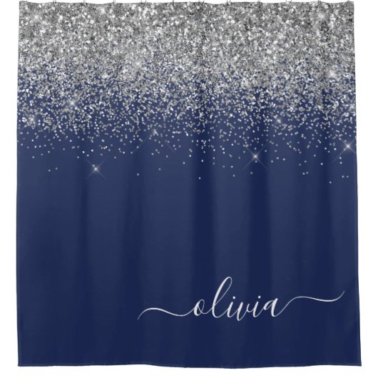 Silver Navy Blue Glitzer Giron Monogram Name Duschvorhang (Vorderseite)
